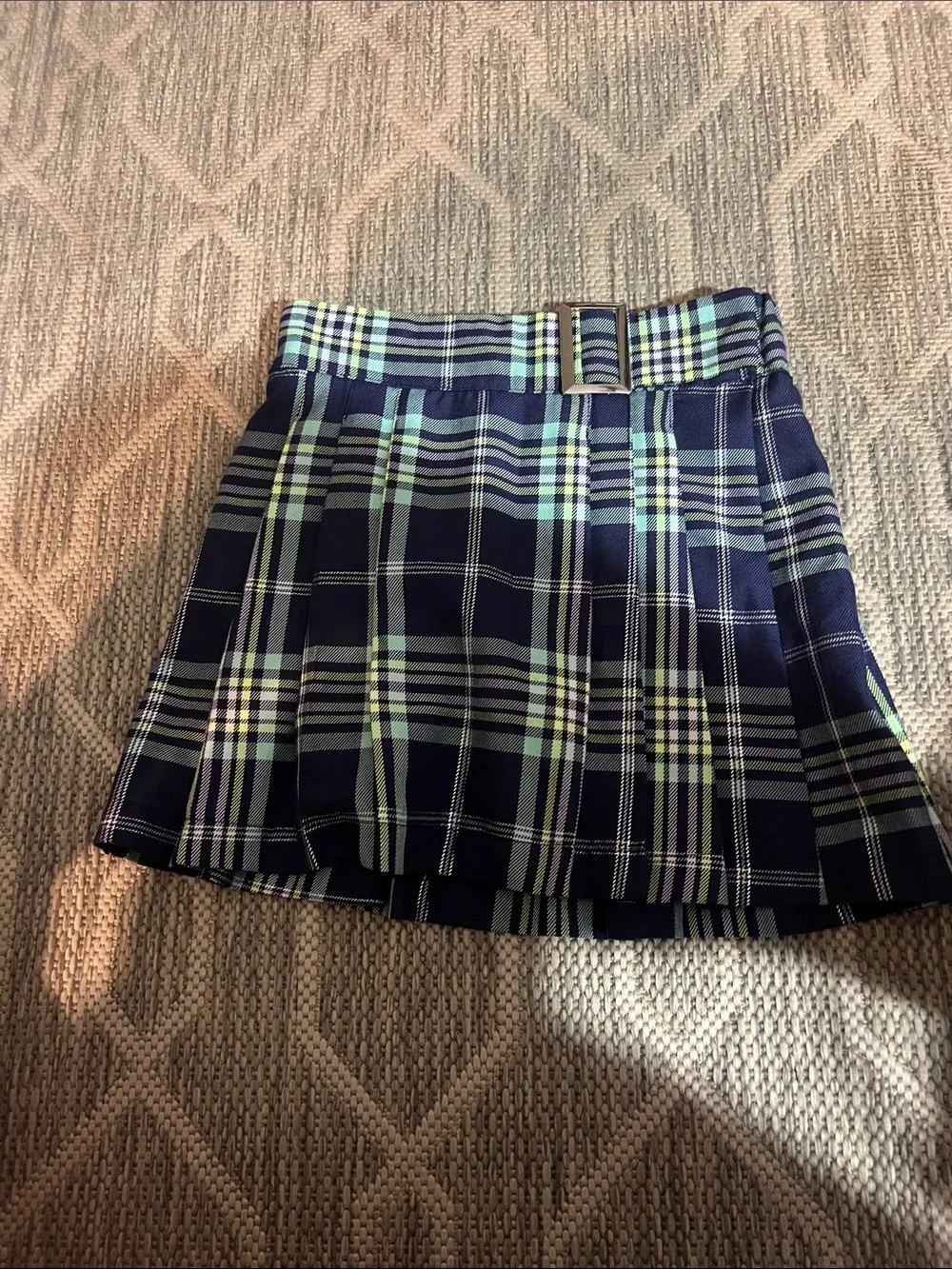 Justice Navy and Lime Plaid Pleated Skirt with Belt